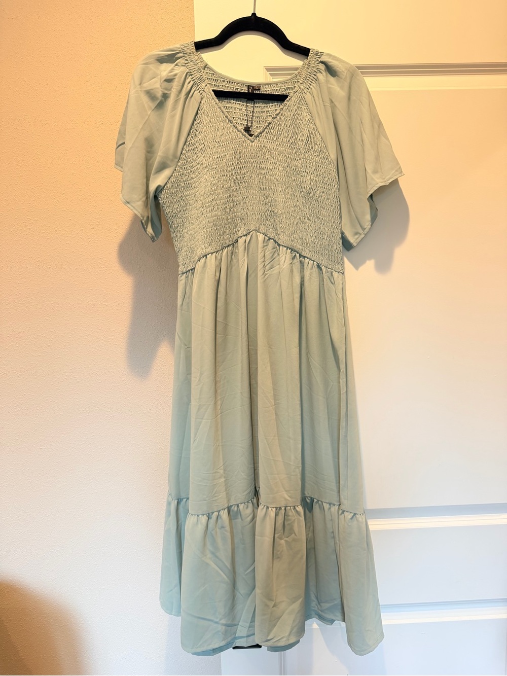 Light Sage Smocked V-Neck Midi Dress - Women